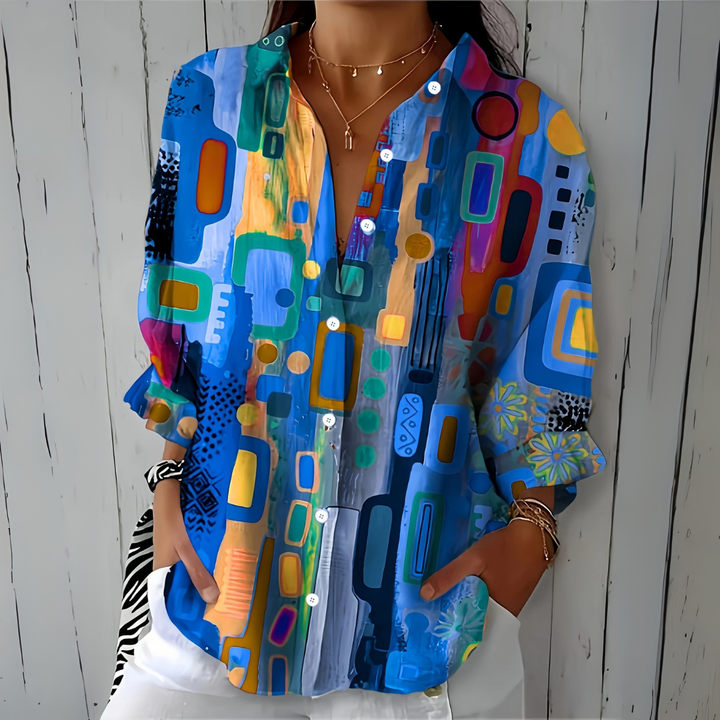 Women's Blouse with Artistically Patterned Button Fastening and Relaxed Fit