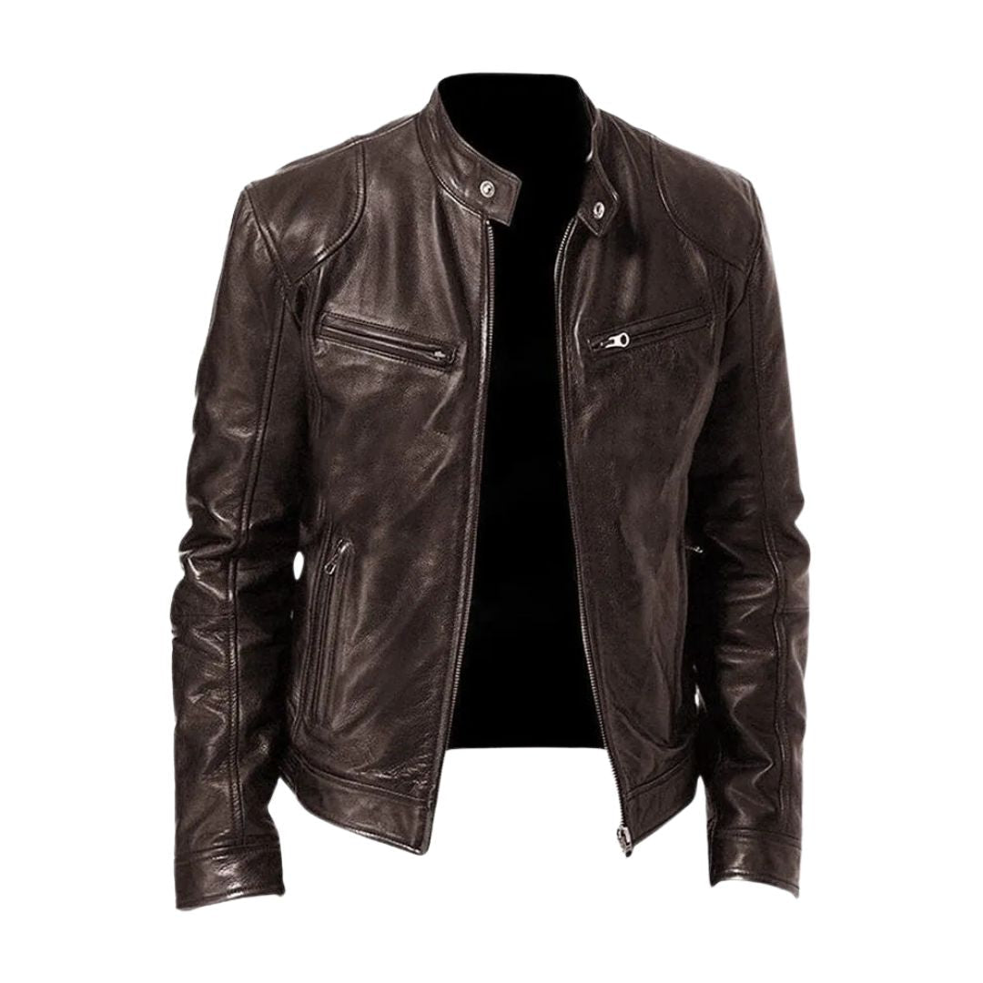 Men's Classic Leather Jacket with Stand Collar
