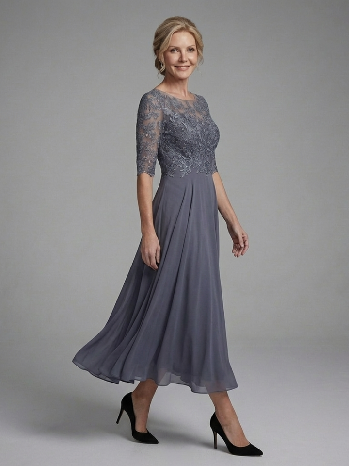 Women's Midi Dress Lace Bodice with Sheer Sleeves