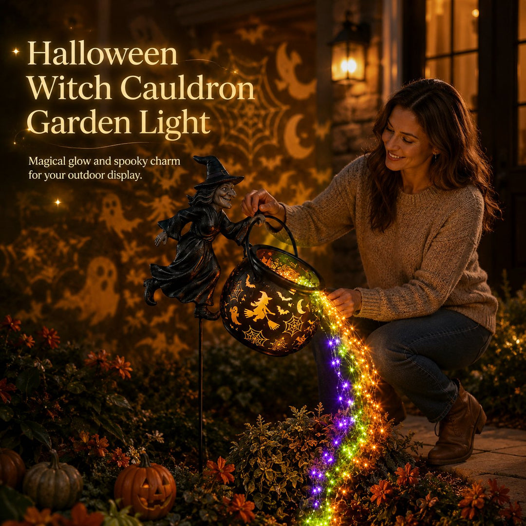 Halloween Witch's Cauldron Garden Lamp with Colourful Glow and Spooky Projections