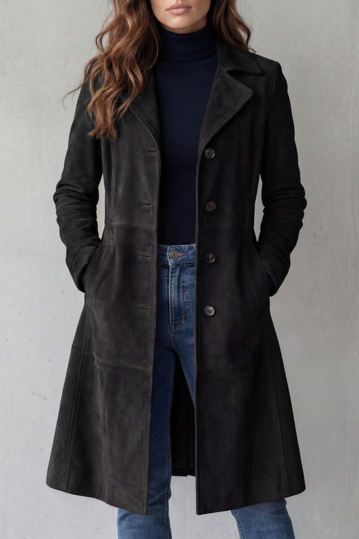Women's Long Coat Faux Suede Look with Classic Collar
