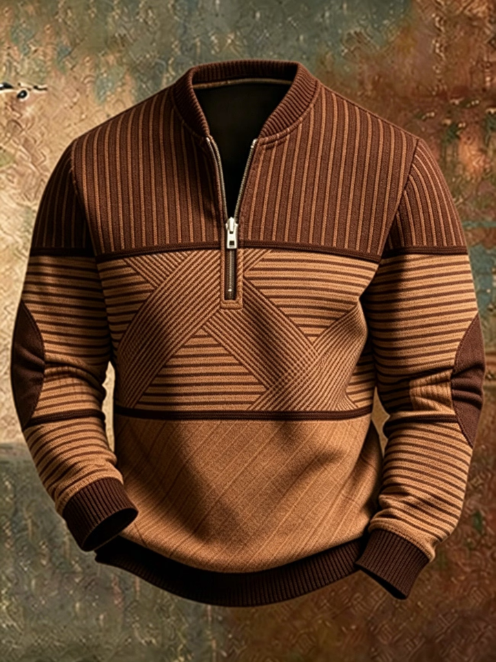 Men's jumper with stand-up collar, graphic pattern and half zip