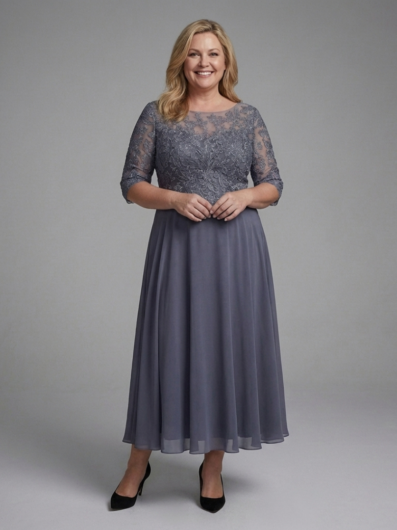 Women's Midi Dress Lace Bodice with Sheer Sleeves