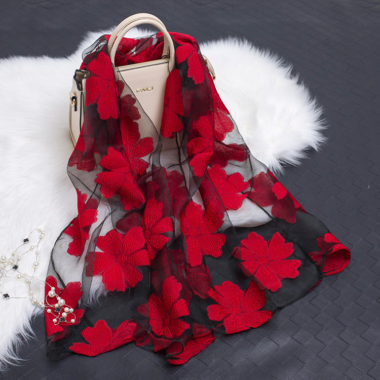 Silk Scarf with Cut Flower Pattern and Blank Motif