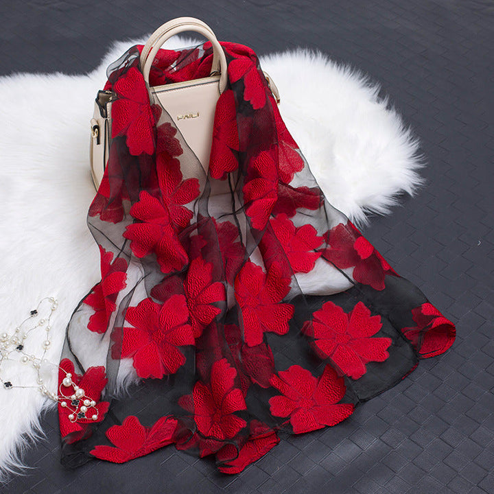 Silk Scarf with Cut Flower Pattern and Blank Motif