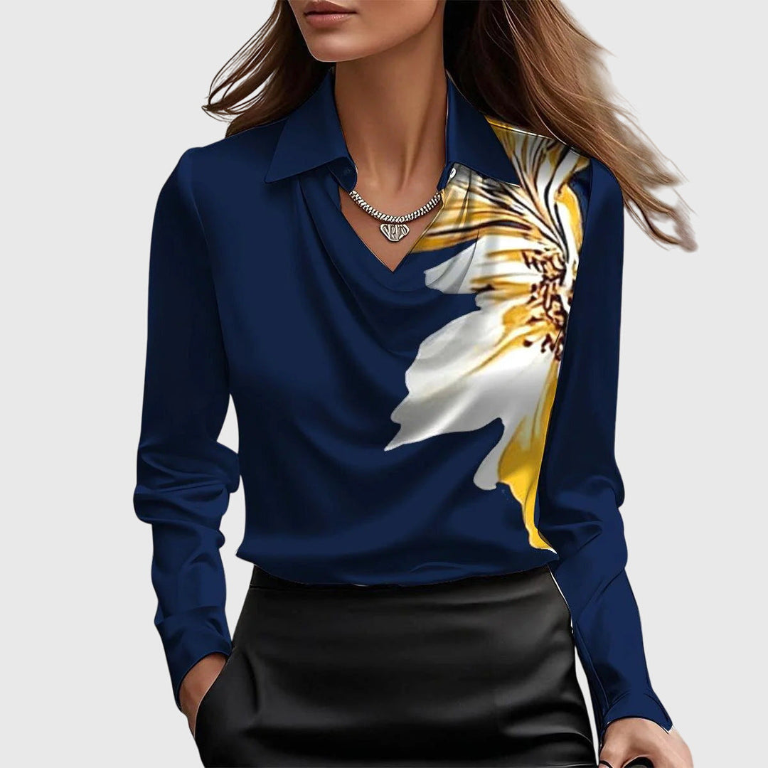 Women's satin blouse with waterfall neckline - long-sleeved collared top for work and evenings