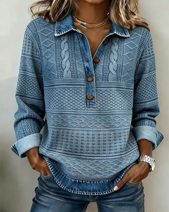 Women's Sweatshirt with Shirt Collar and Patterned Button Placket