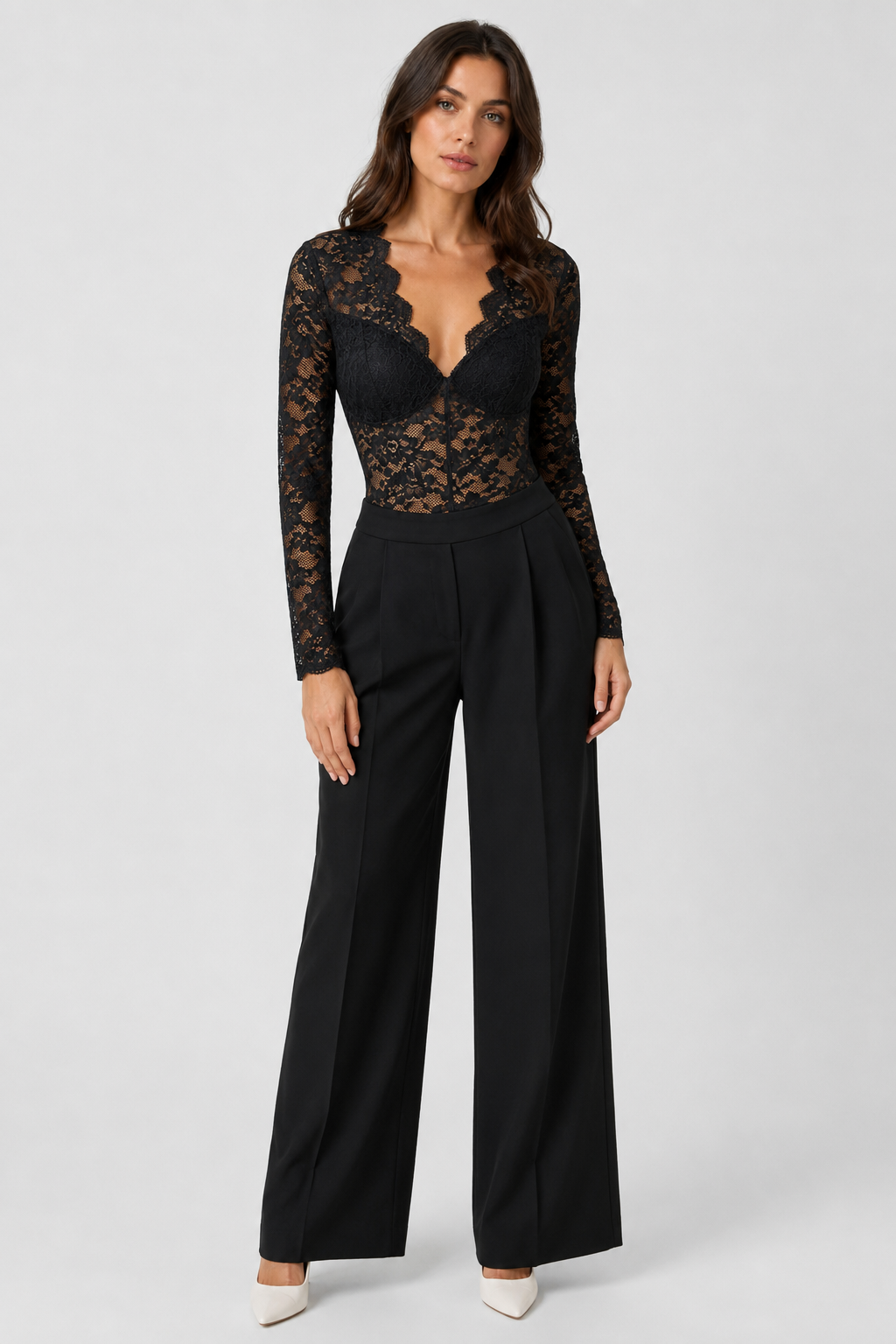 Women's Lace Bodysuit with V-Neck, Sheer Long Sleeves and Figure-Hugging Fit