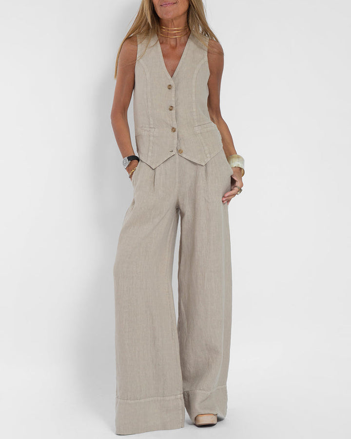 Linen 2-Piece Set with Wide-Leg Trousers and Waistcoat – Alma