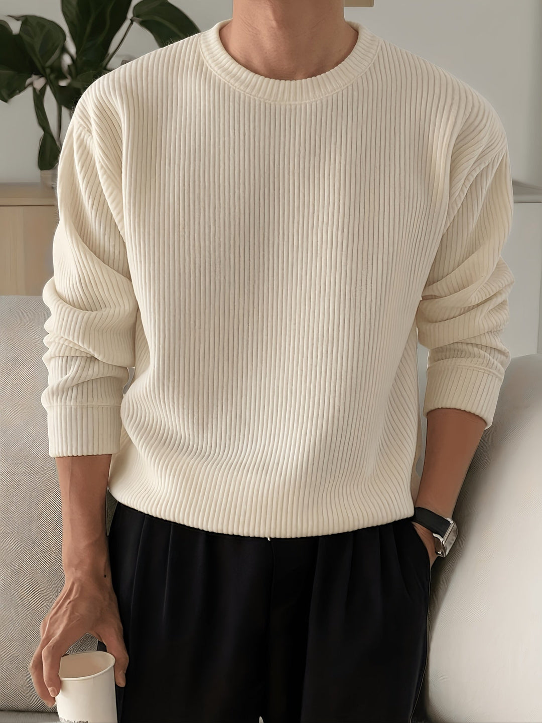 Men's Rib Knit Crew-Neck Jumper with Relaxed Fit
