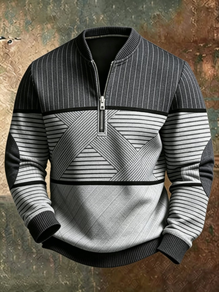 Men's jumper with stand-up collar, graphic pattern and half zip