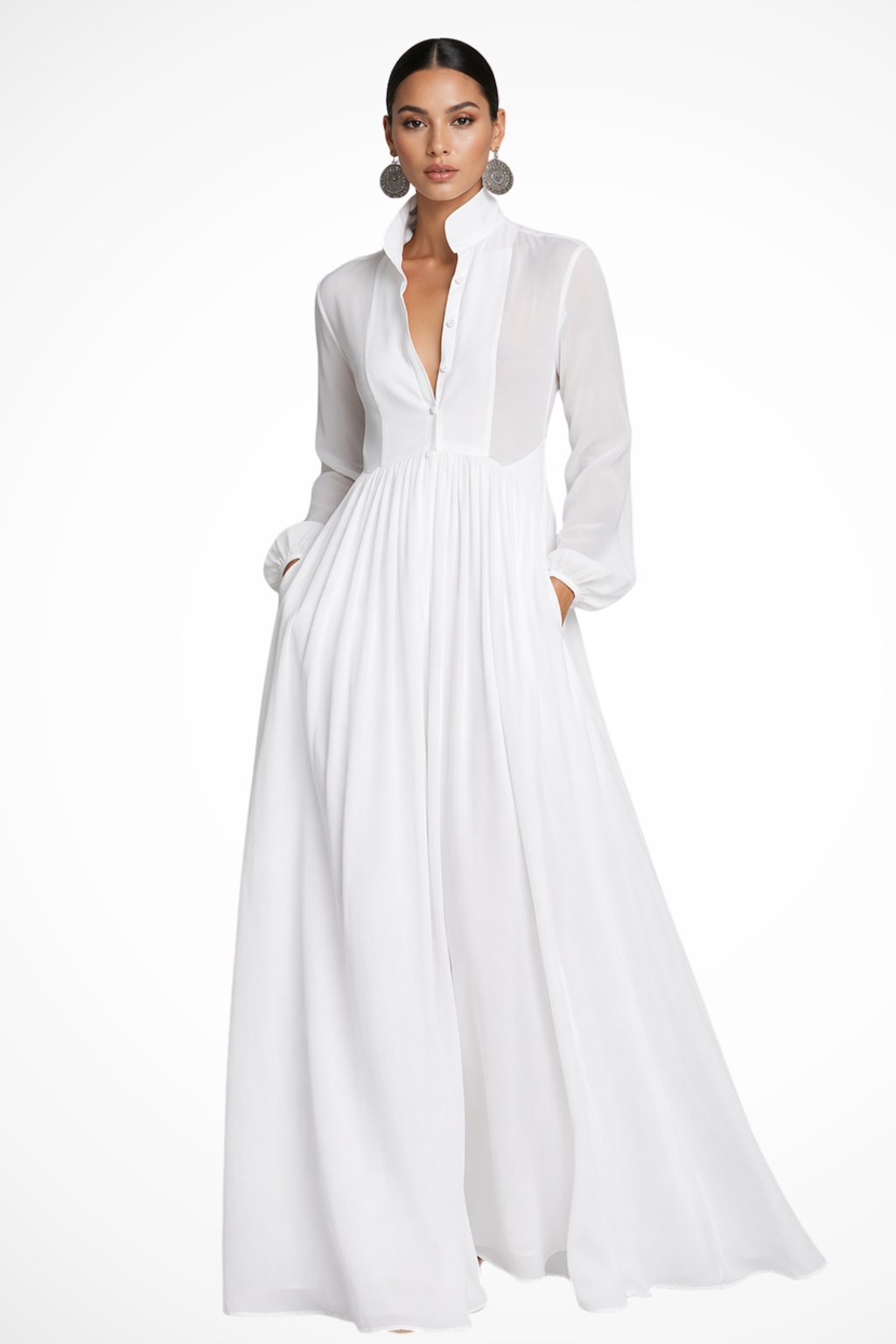 Women's Long Sleeve Maxi Dress with Buttons and Pockets
