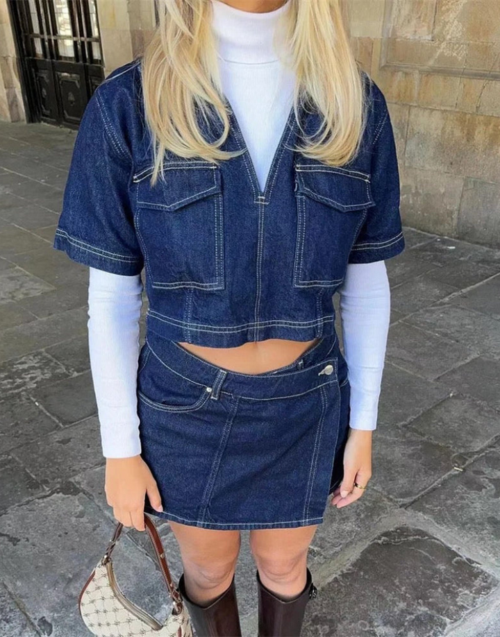 Two-Piece Denim Set with Top and Skirt