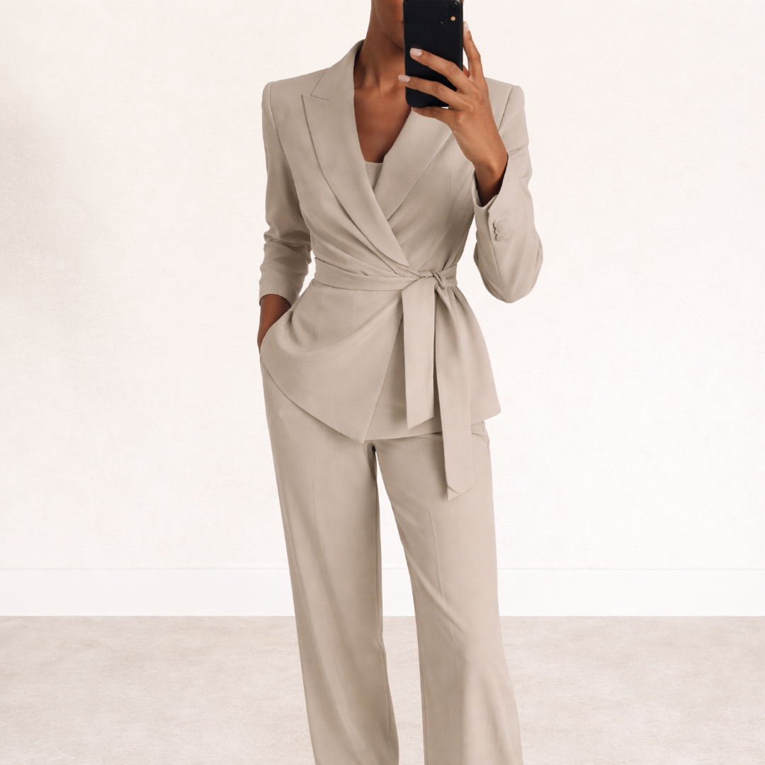Women's Blazer Suit Set with Wide Leg Trousers and Belt