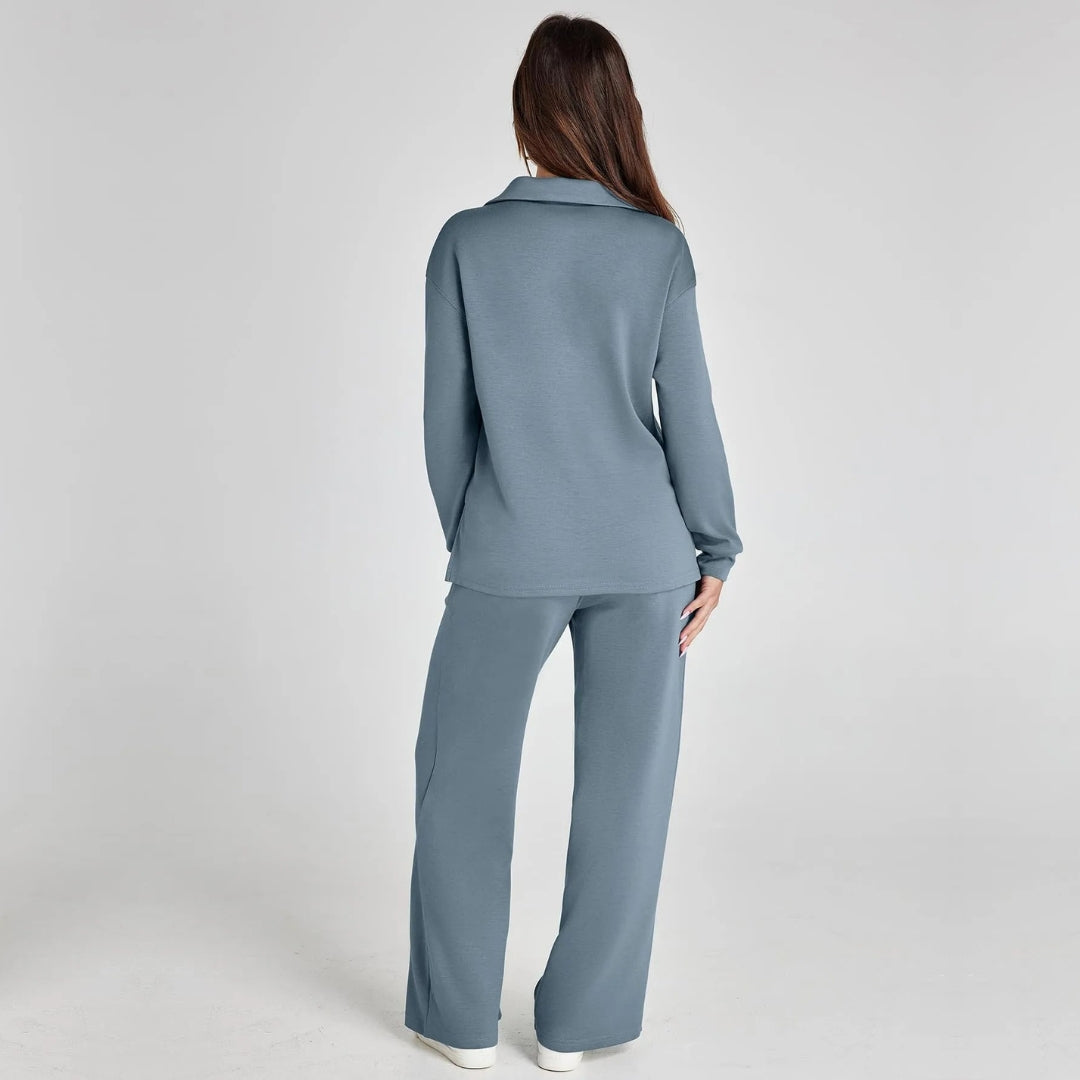 Women's Loungewear Set with V-Neck Sweatshirt and Wide Comfy Trousers