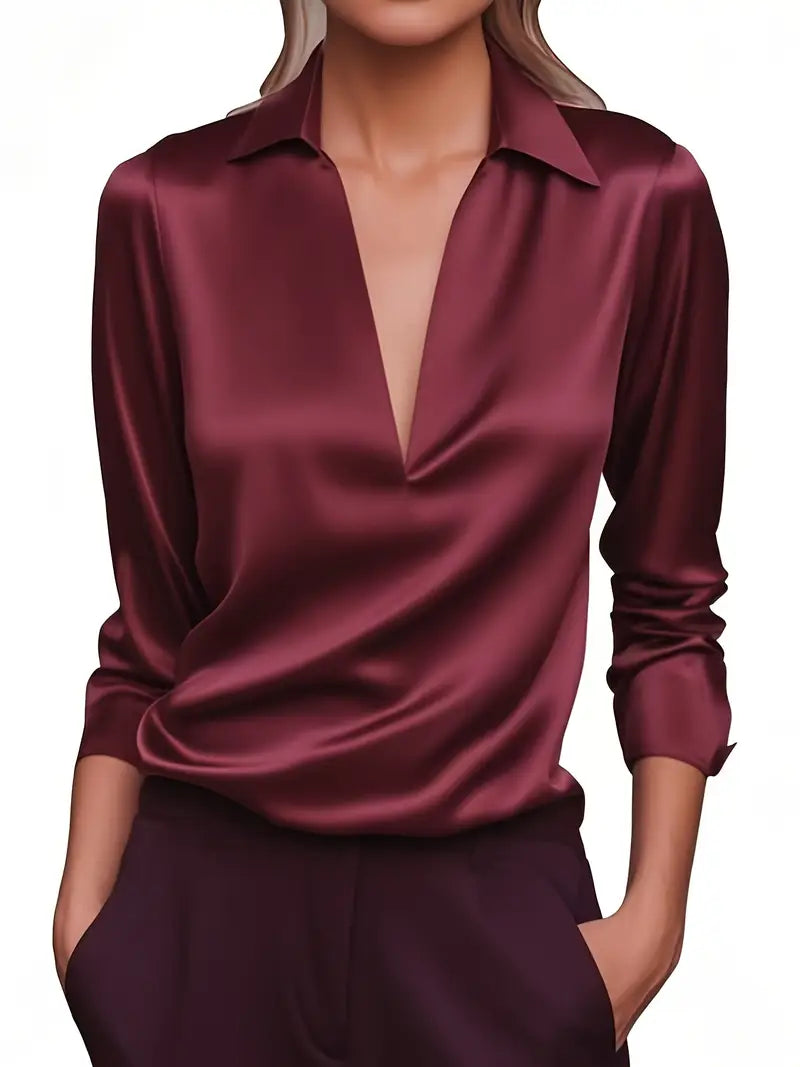 Women's Satin Blouse with V-Neck and Draped Collar