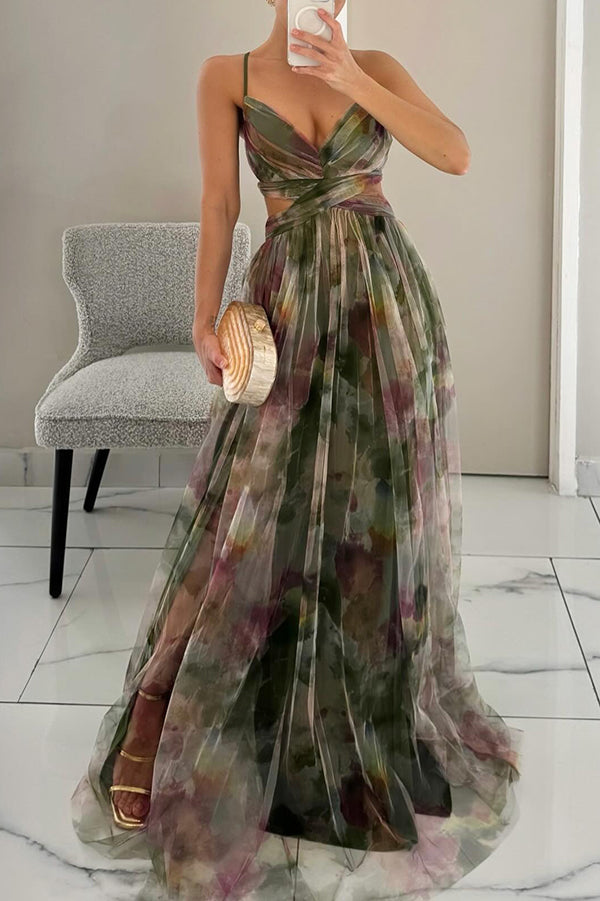 Women's Maxi Dress – Multicolour, Thin Straps, V-Neck, Fluid Silhouette