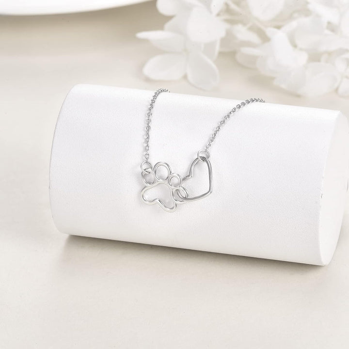 Sterling Silver Paw Print Necklace – Heart Crystal Pendant