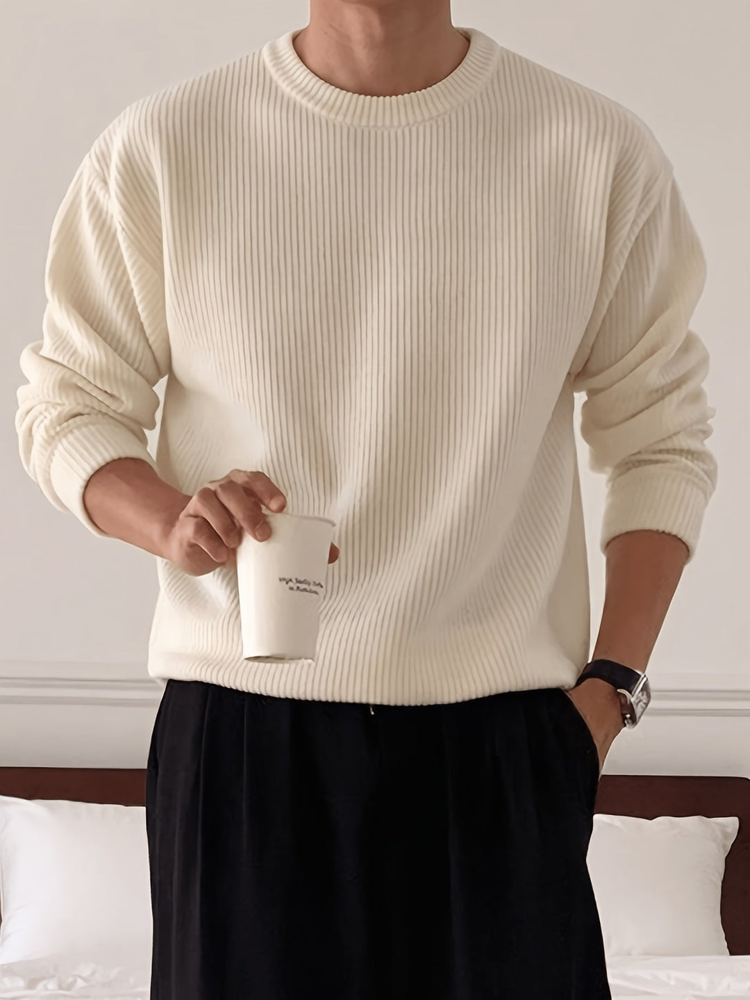 Men's Rib Knit Crew-Neck Jumper with Relaxed Fit