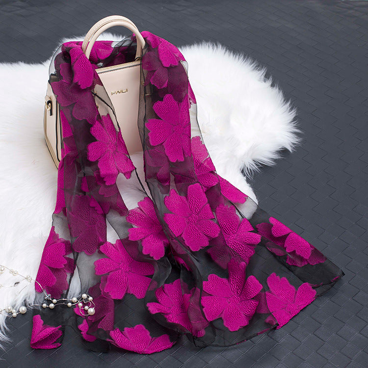 Silk Scarf with Cut Flower Pattern and Blank Motif