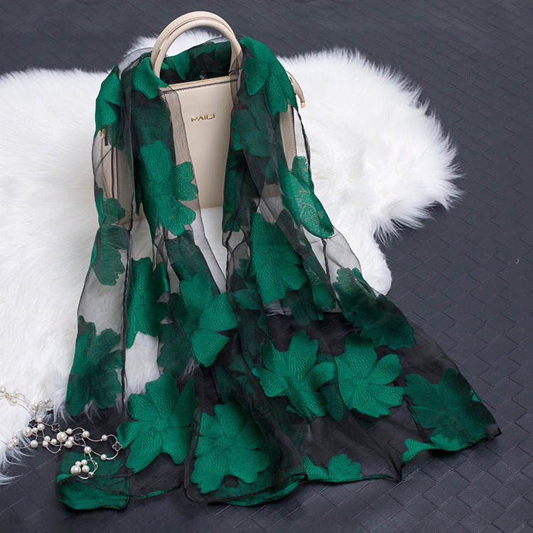 Silk Scarf with Cut Flower Pattern and Blank Motif