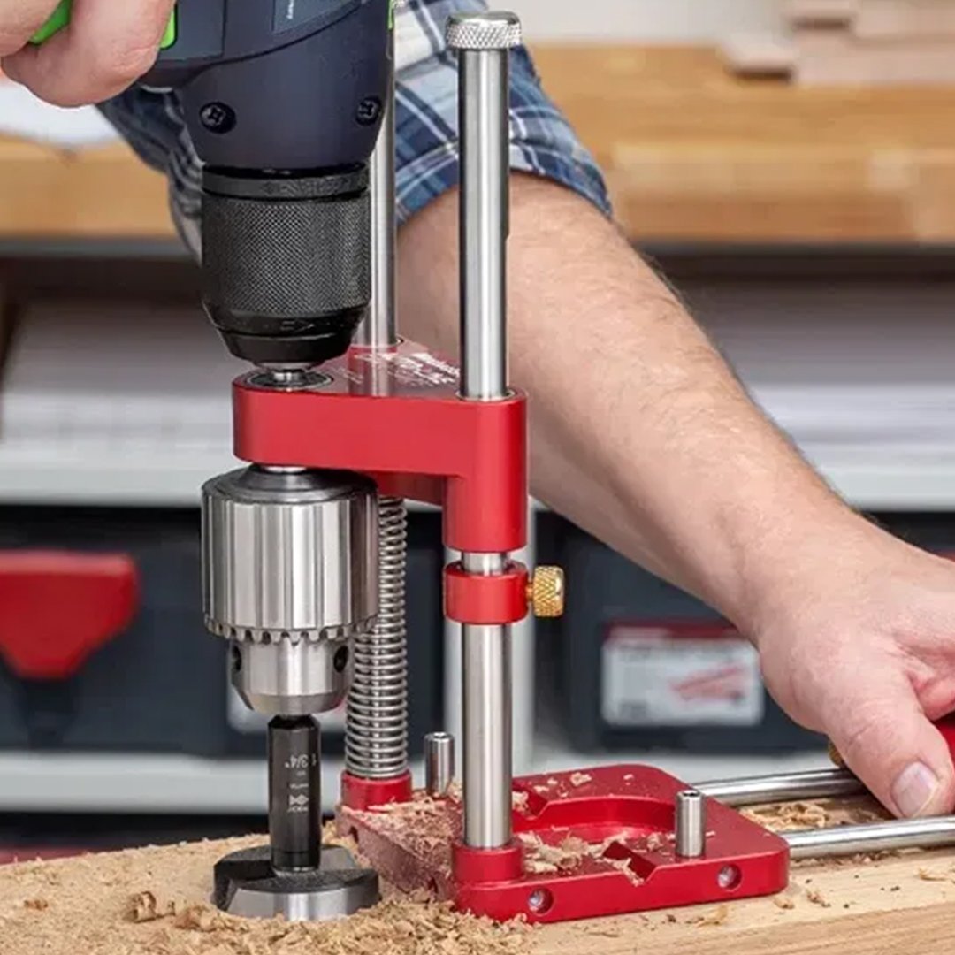 Drill Press Guide for Handheld Drills - Portable, Adjustable Woodworking Jig