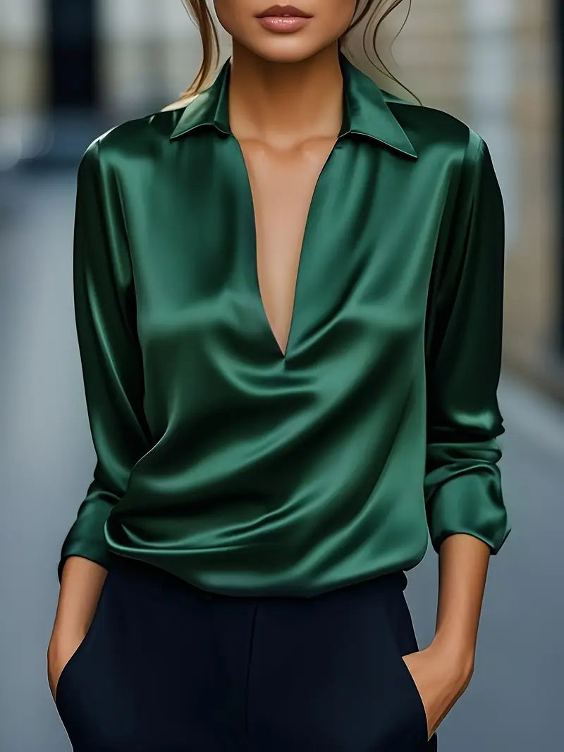Women's Satin Blouse with V-Neck and Draped Collar