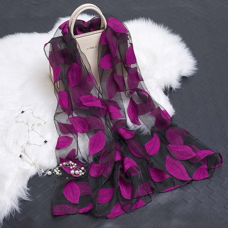 Silk Scarf with Cut Flower Pattern and Blank Motif