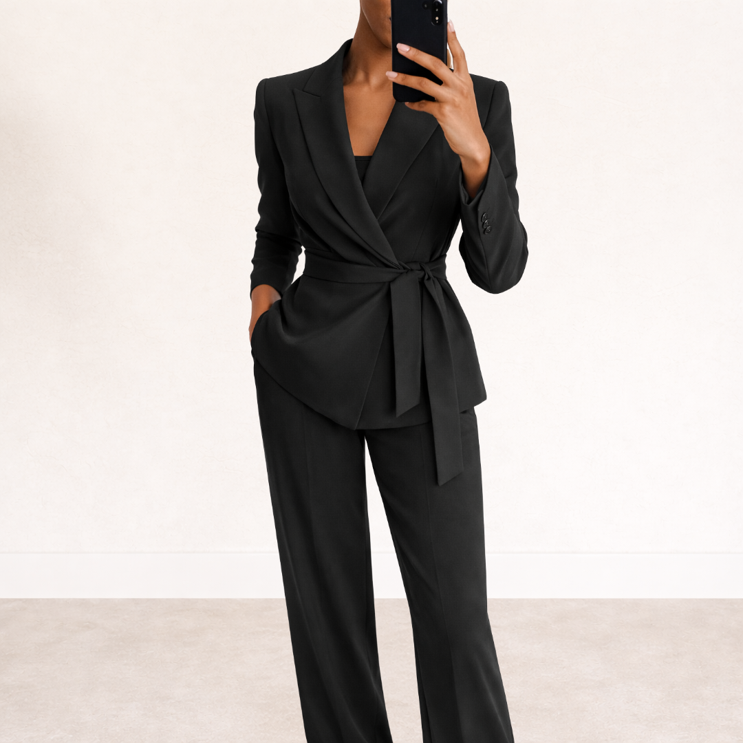 Women's Blazer Suit Set with Wide Leg Trousers and Belt