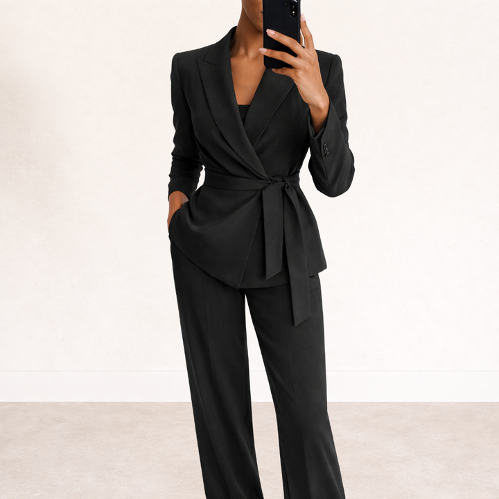 Women's Blazer Suit Set with Wide Leg Trousers and Belt