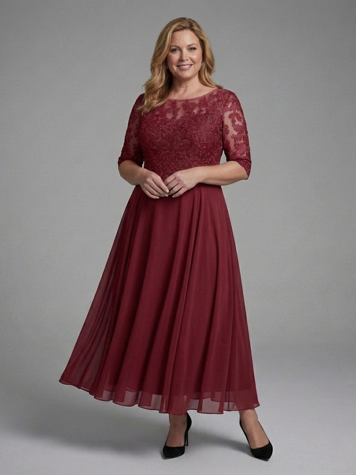 Women's Midi Dress Lace Bodice with Sheer Sleeves