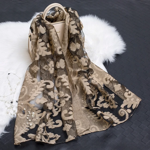 Silk Scarf with Cut Flower Pattern and Blank Motif