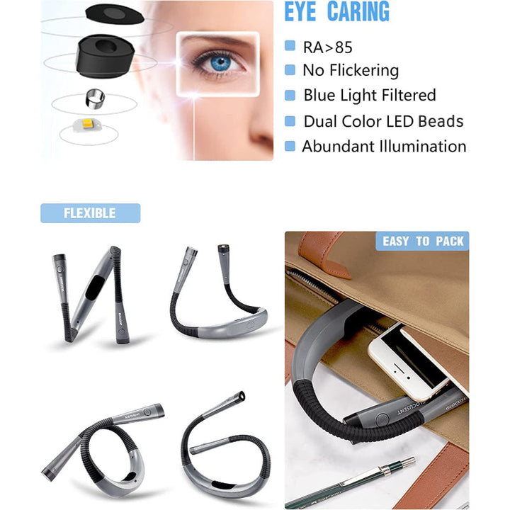 LED Reading Neck Lamp, Light for Reading in Bed, 3 Colours, 6 Brightness Levels, Flexible Arm, Rechargeable, Durable, Perfect for Reading, Knitting, Camping, Repairing
