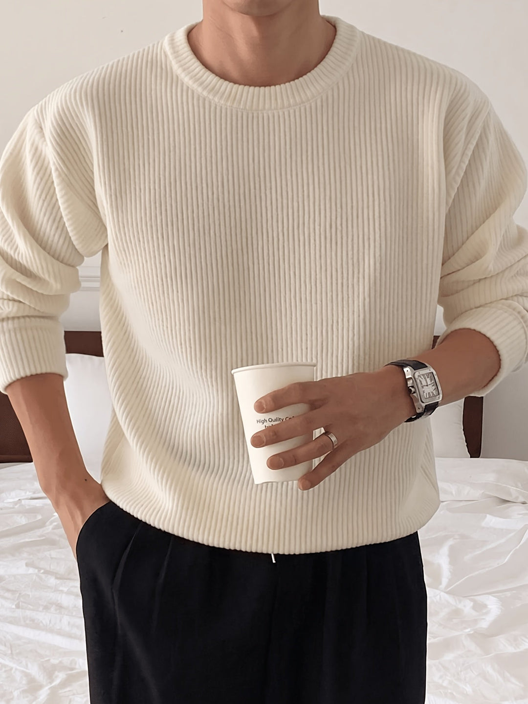 Men's Rib Knit Crew-Neck Jumper with Relaxed Fit
