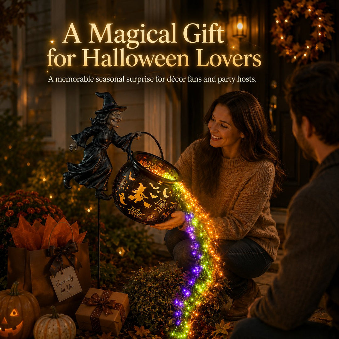 Halloween Witch's Cauldron Garden Lamp with Colourful Glow and Spooky Projections