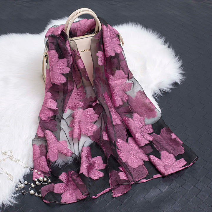 Silk Scarf with Cut Flower Pattern and Blank Motif