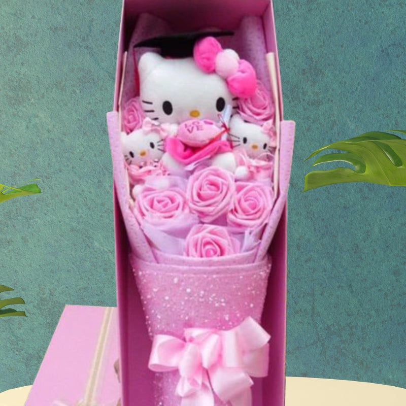 Colourful Synthetic Flower Bouquet With Kitty Figurines For Gifts And Decoration