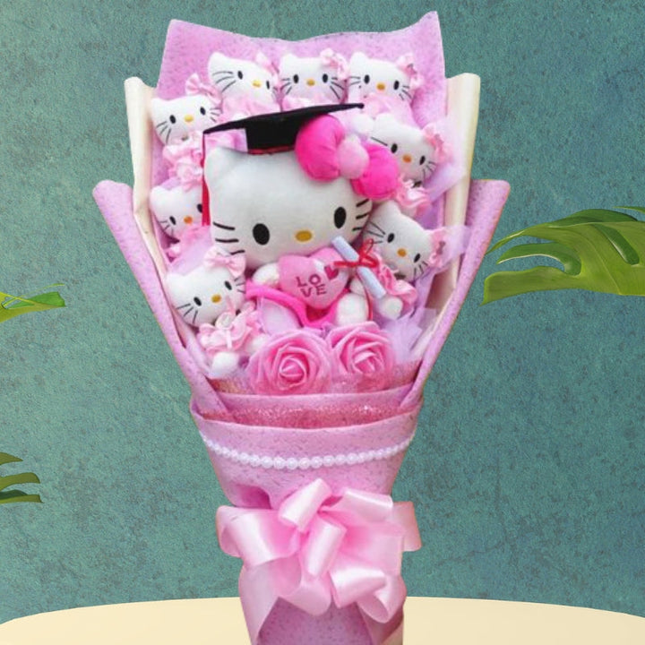 Colourful Synthetic Flower Bouquet With Kitty Figurines For Gifts And Decoration