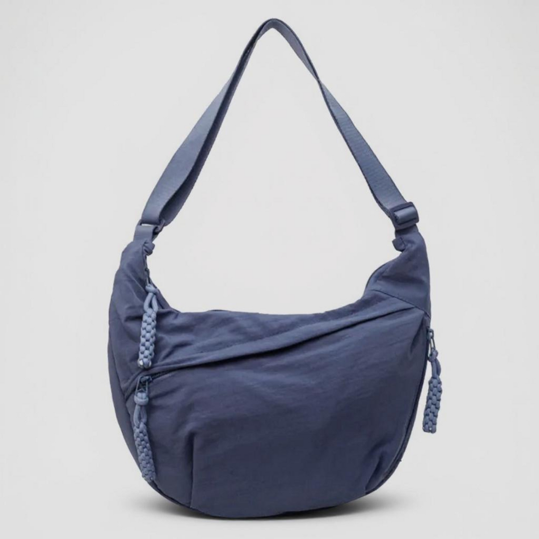 Blue nylon shoulder bag with adjustable crossbody strap