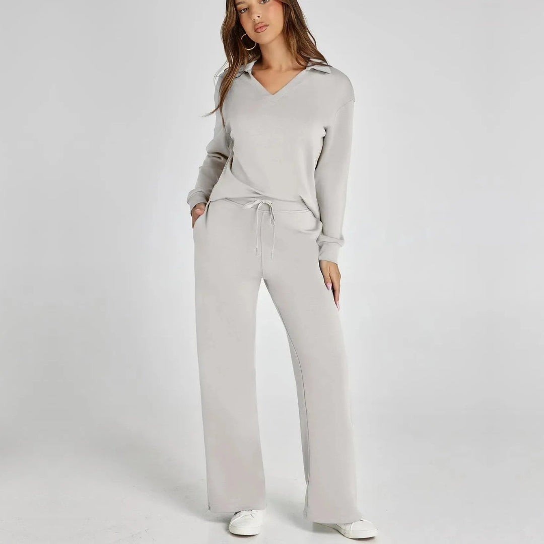Women's Loungewear Set with V-Neck Sweatshirt and Wide Comfy Trousers