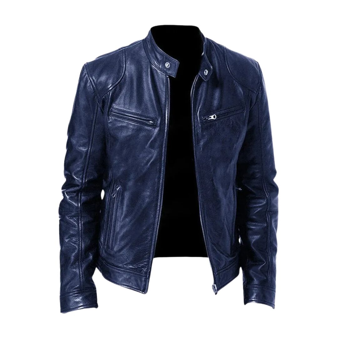 Men's Classic Leather Jacket with Stand Collar