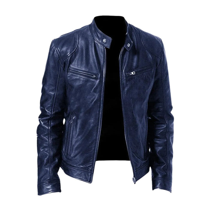 Men's Classic Leather Jacket with Stand Collar