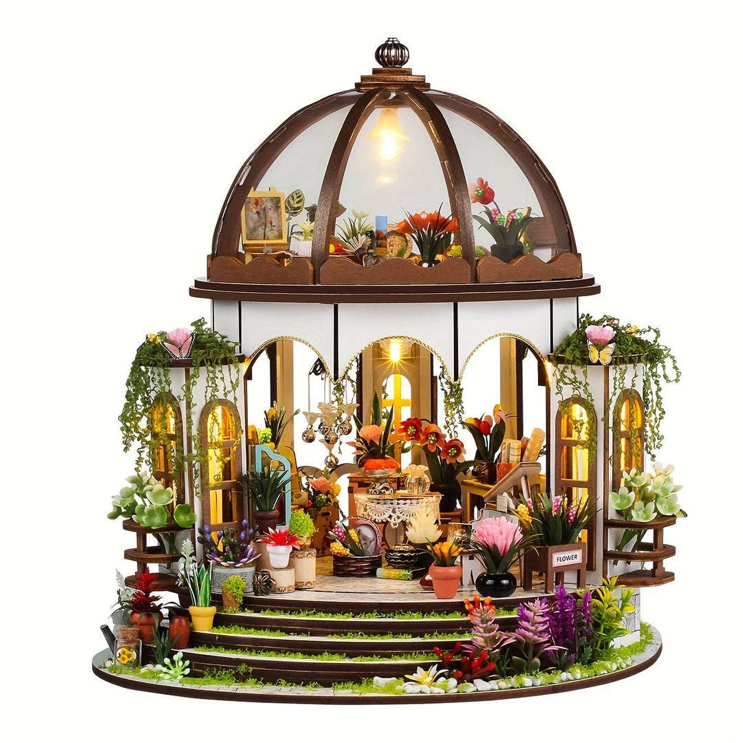 Miniature Flower House – 3D Wooden Puzzle with LED Lighting and Detailed Garden