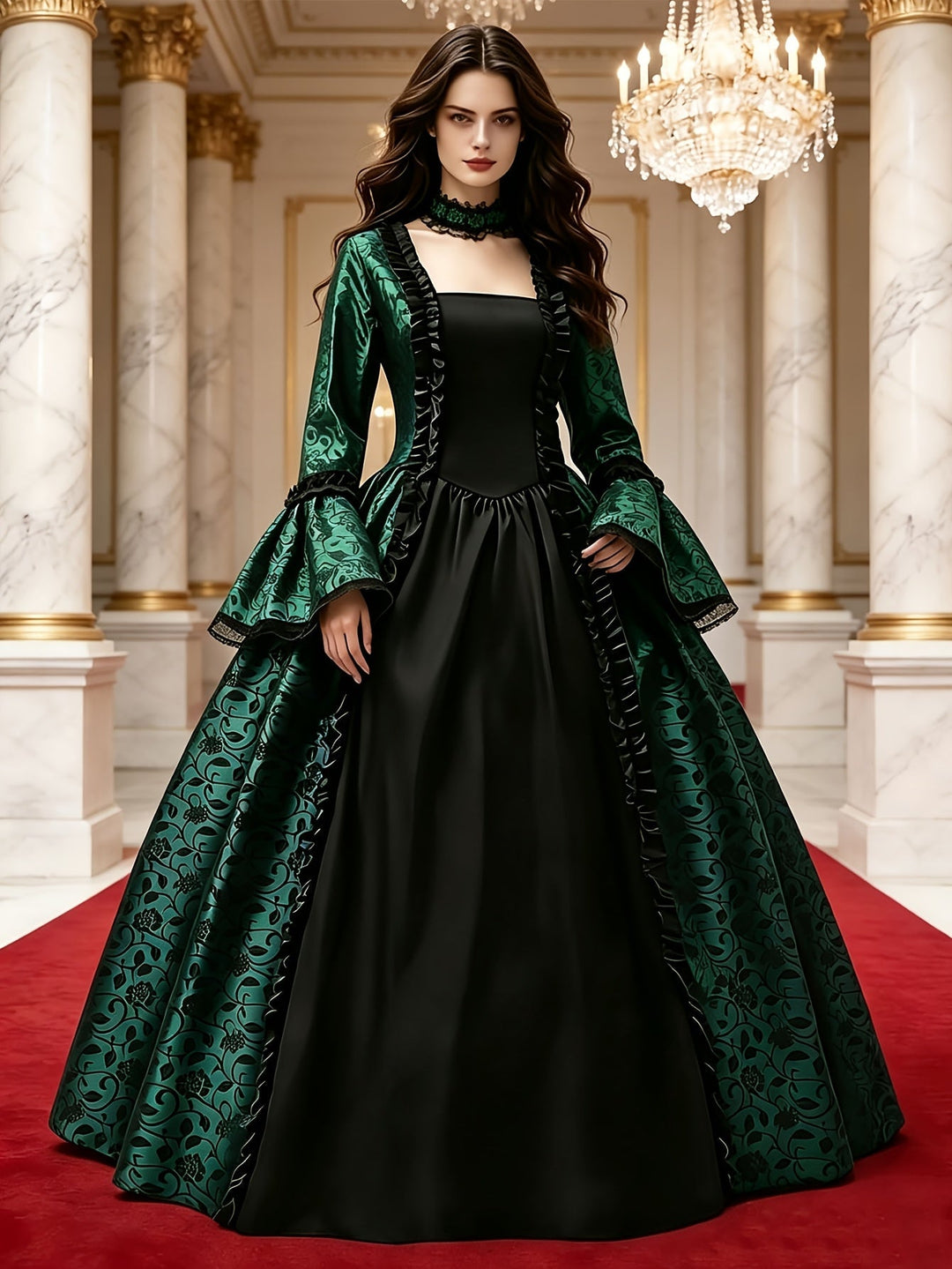Women's Gothic Vampire Halloween Costume Dress with Flared Sleeves