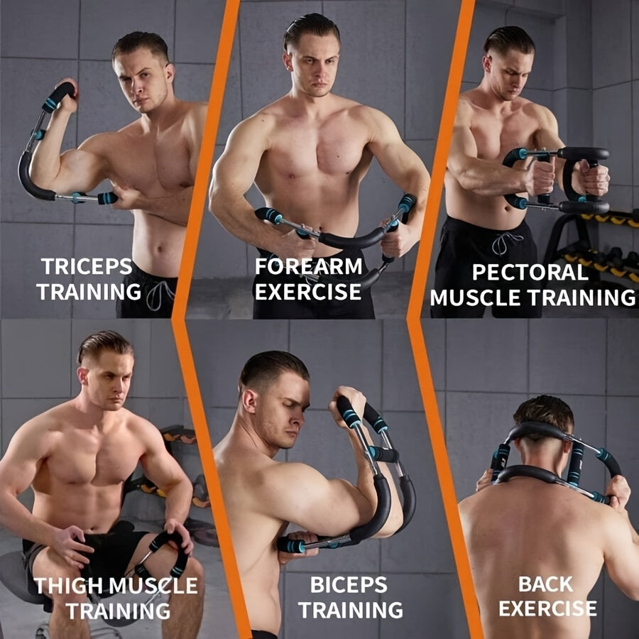 Adjustable Arm and Chest Muscle Trainer for Men with Stainless Steel Frame and Comfortable Blue Grips