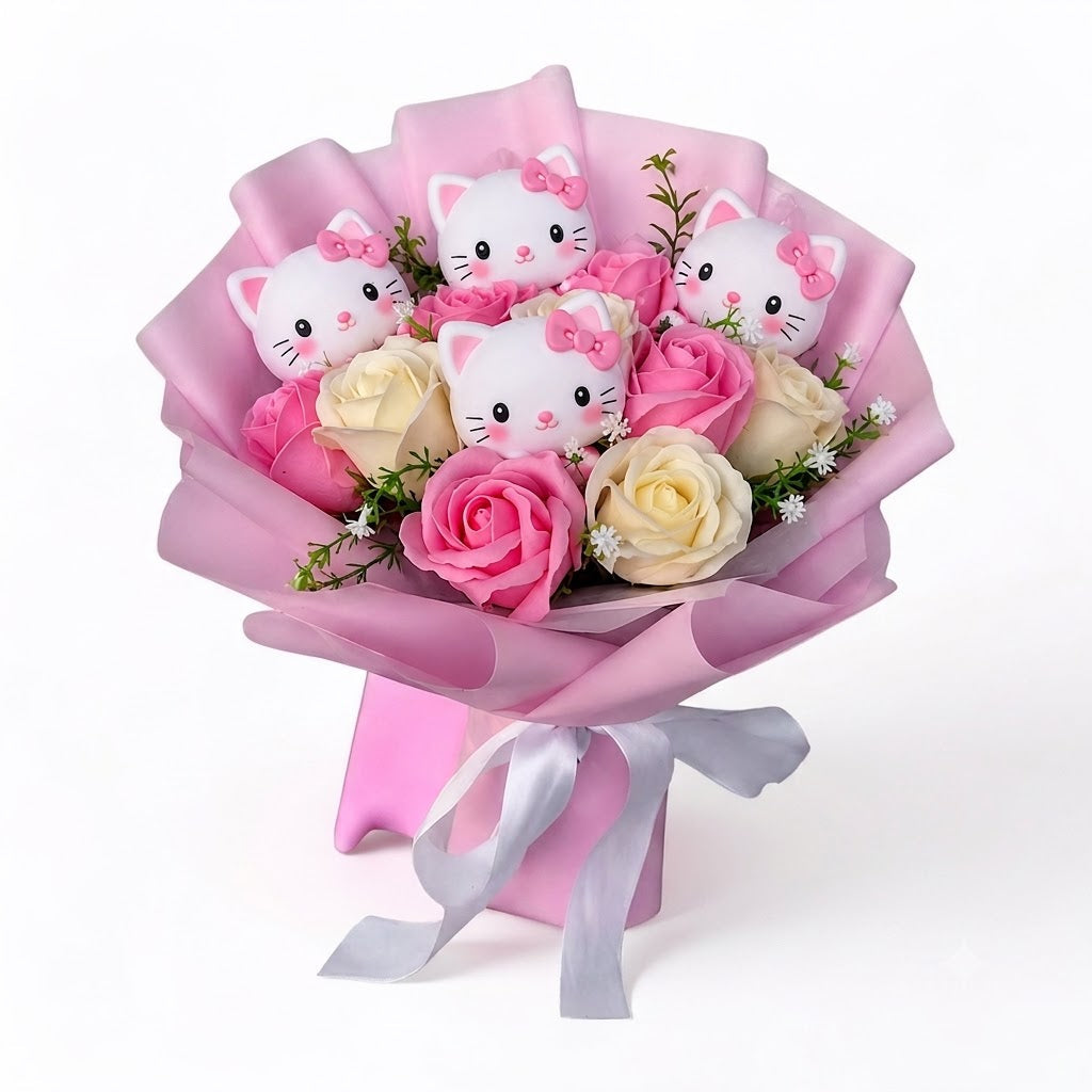 Colourful Synthetic Flower Bouquet With Kitty Figurines For Gifts And Decoration