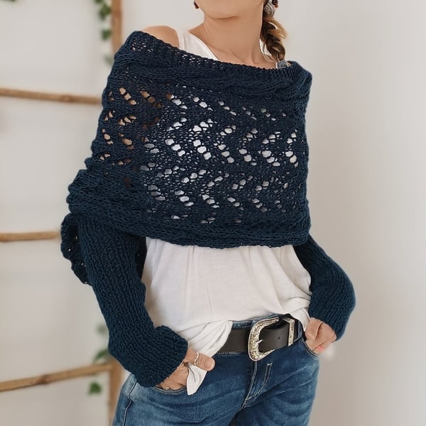 Wrap scarf with double sleeves - cosy knitted scarf with integrated sleeves