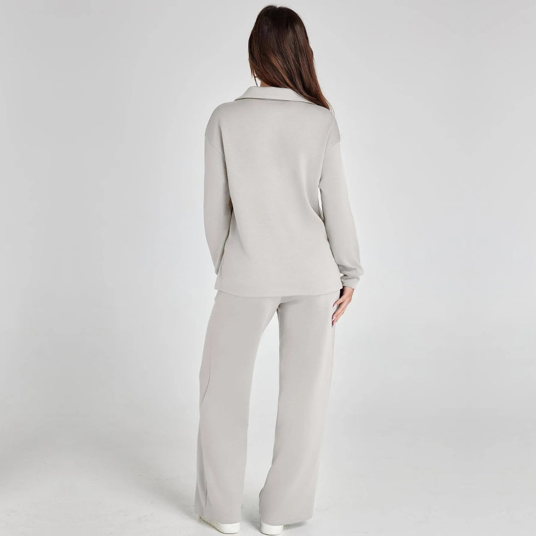 Women's Loungewear Set with V-Neck Sweatshirt and Wide Comfy Trousers