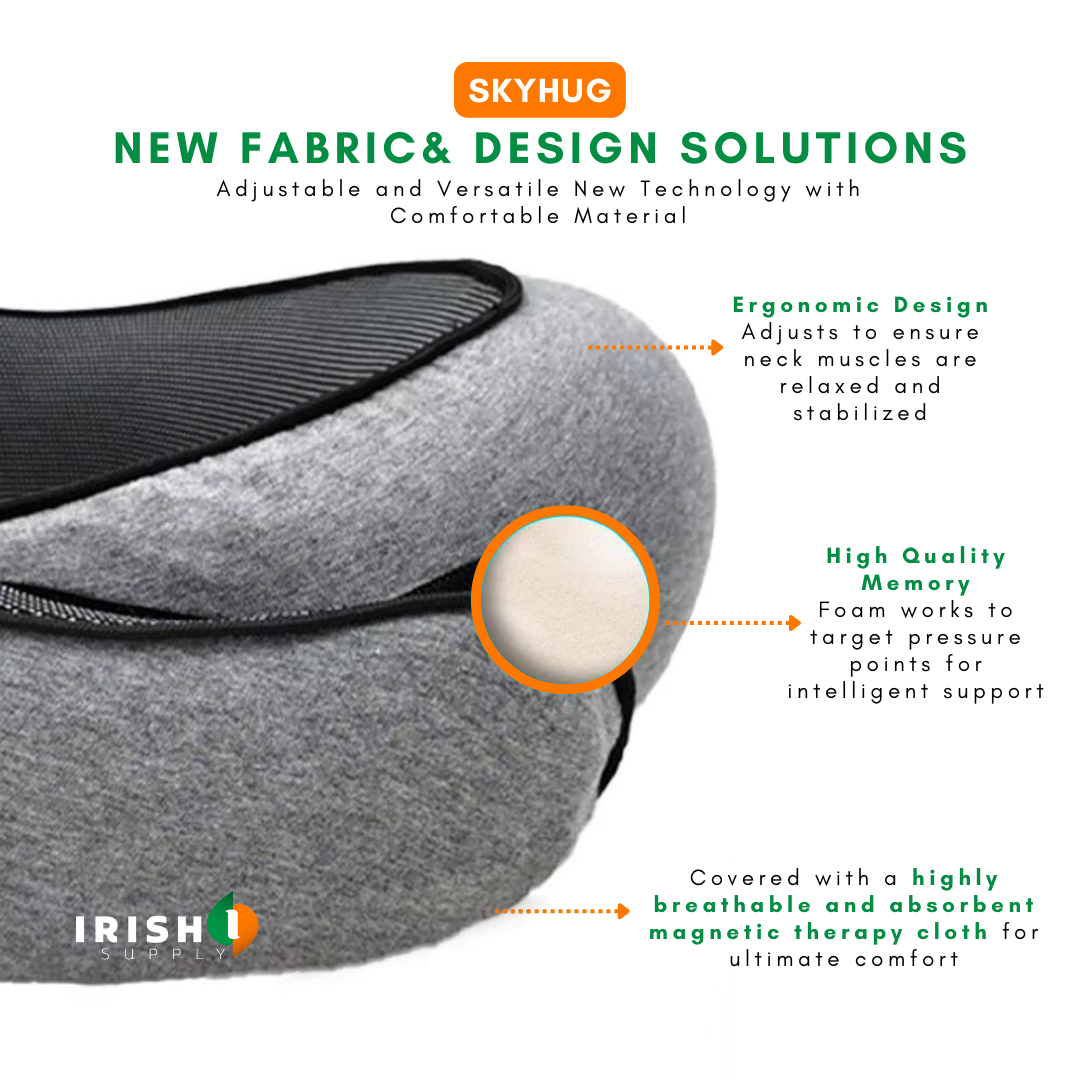 Front-support neck travel pillow with memory foam and fastener for sleeping on a plane