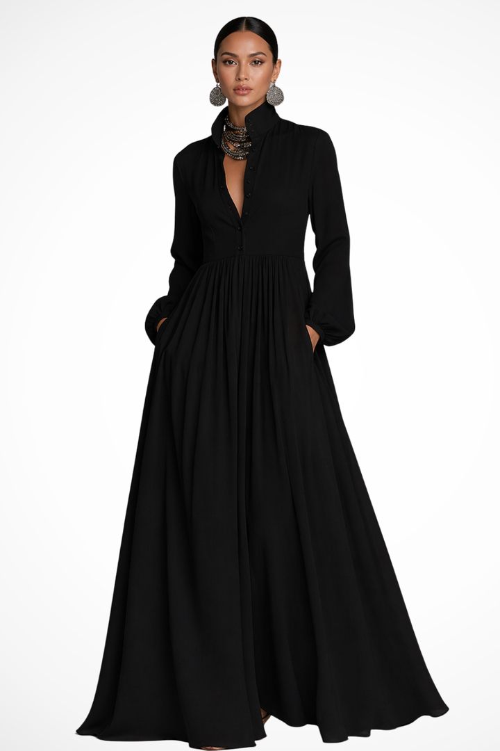 Women's Long Sleeve Maxi Dress with Buttons and Pockets